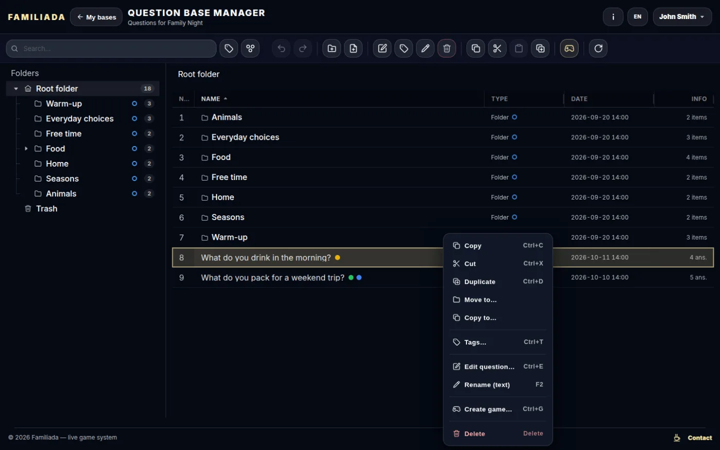 The actions menu