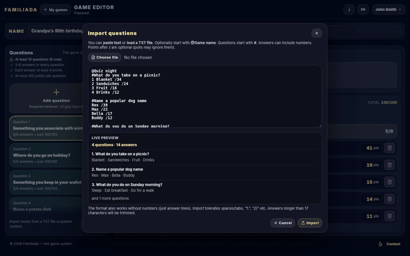 Import from a text file — live preview