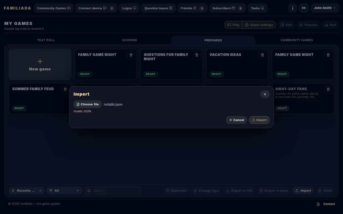 Import — invalid JSON file