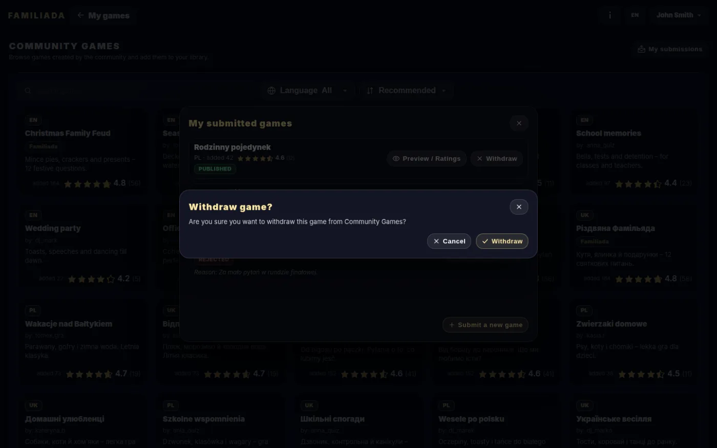 Withdrawing a game