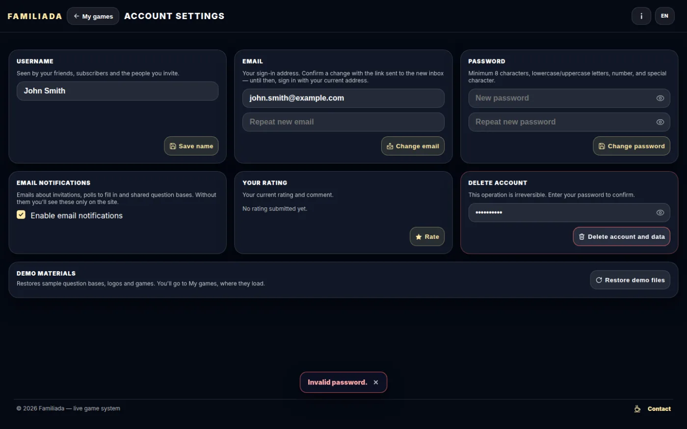 Deleting the account — password required