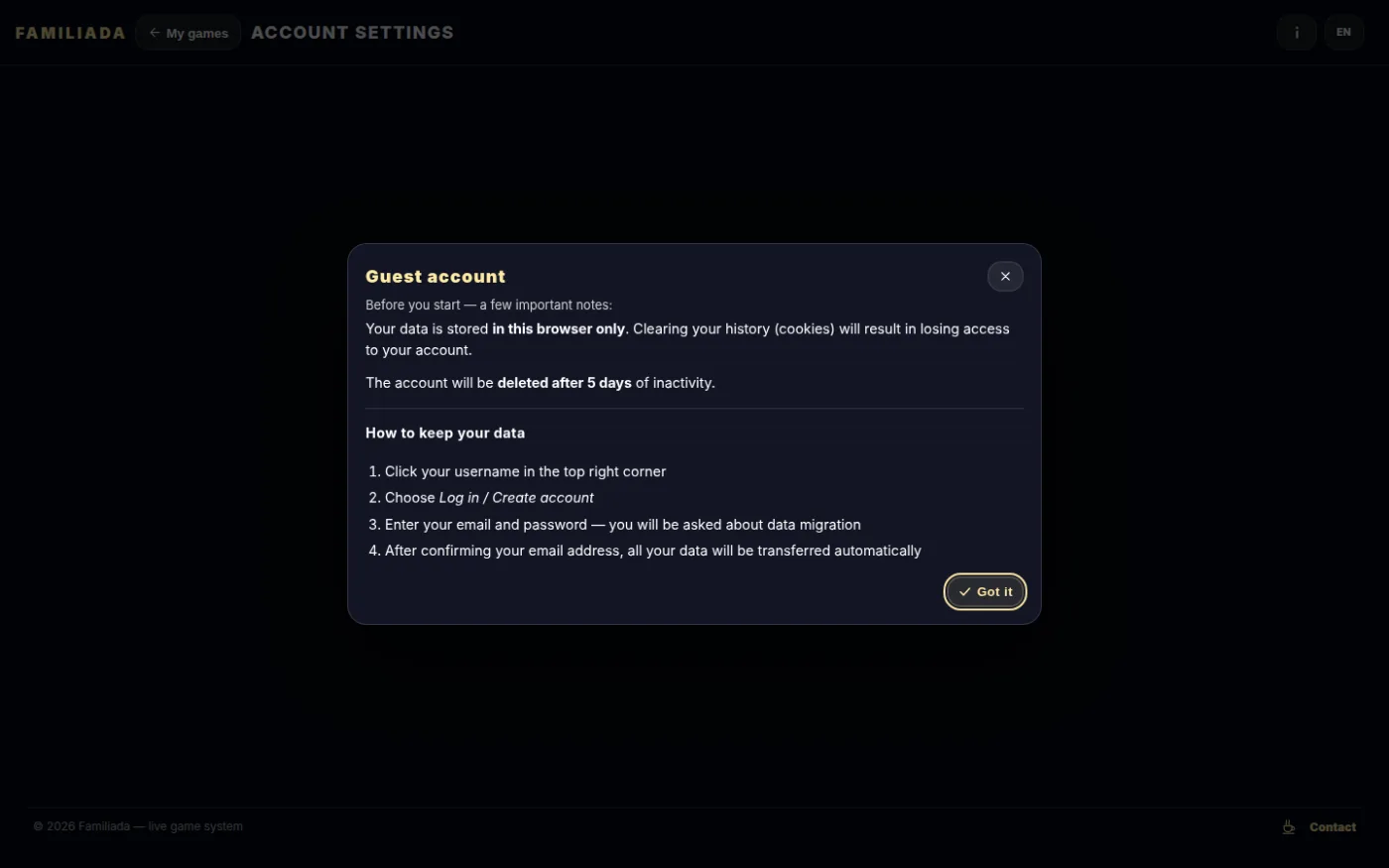 The "Guest account" window — important information and how to keep your data