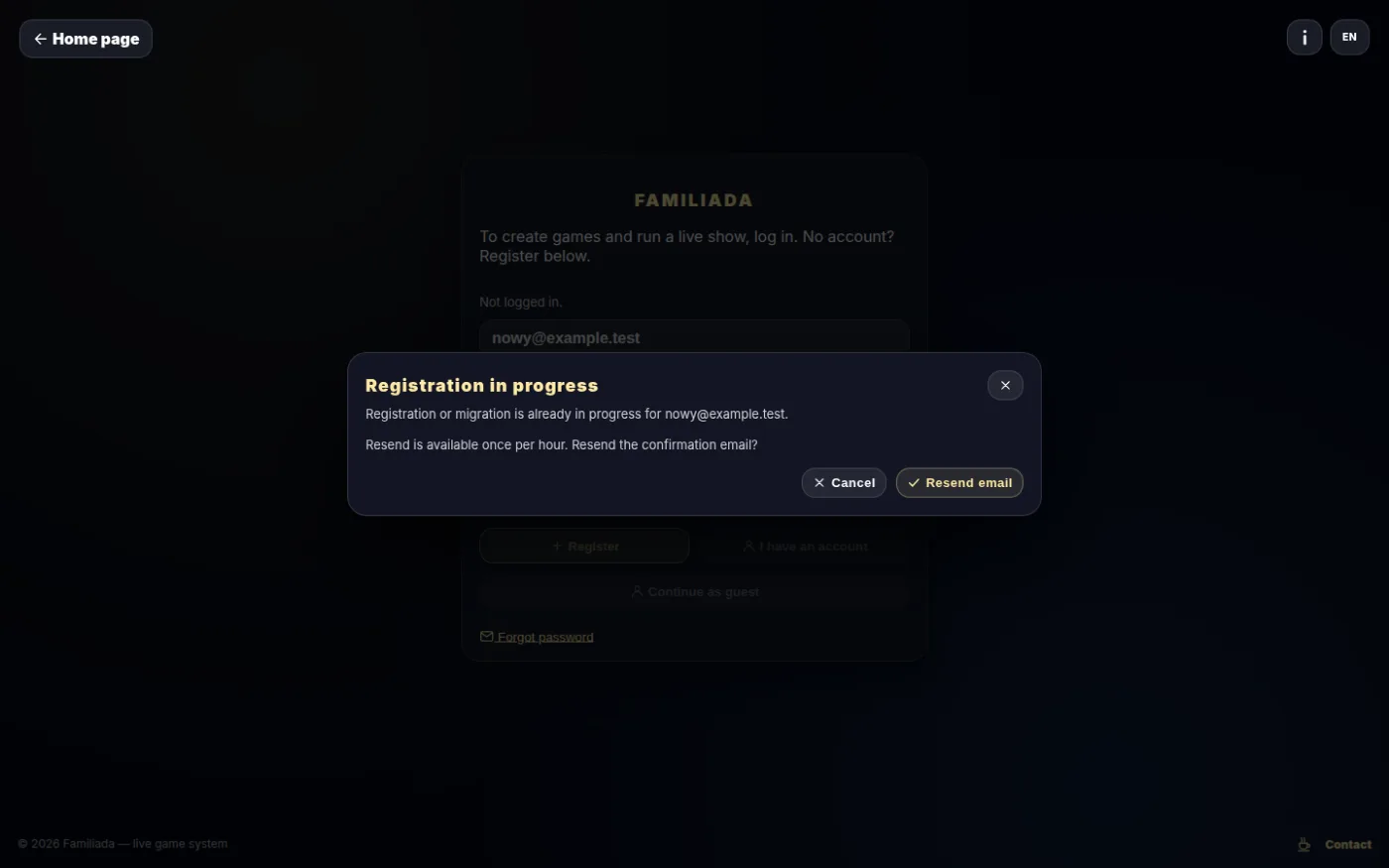 Registration in progress — send the email again?