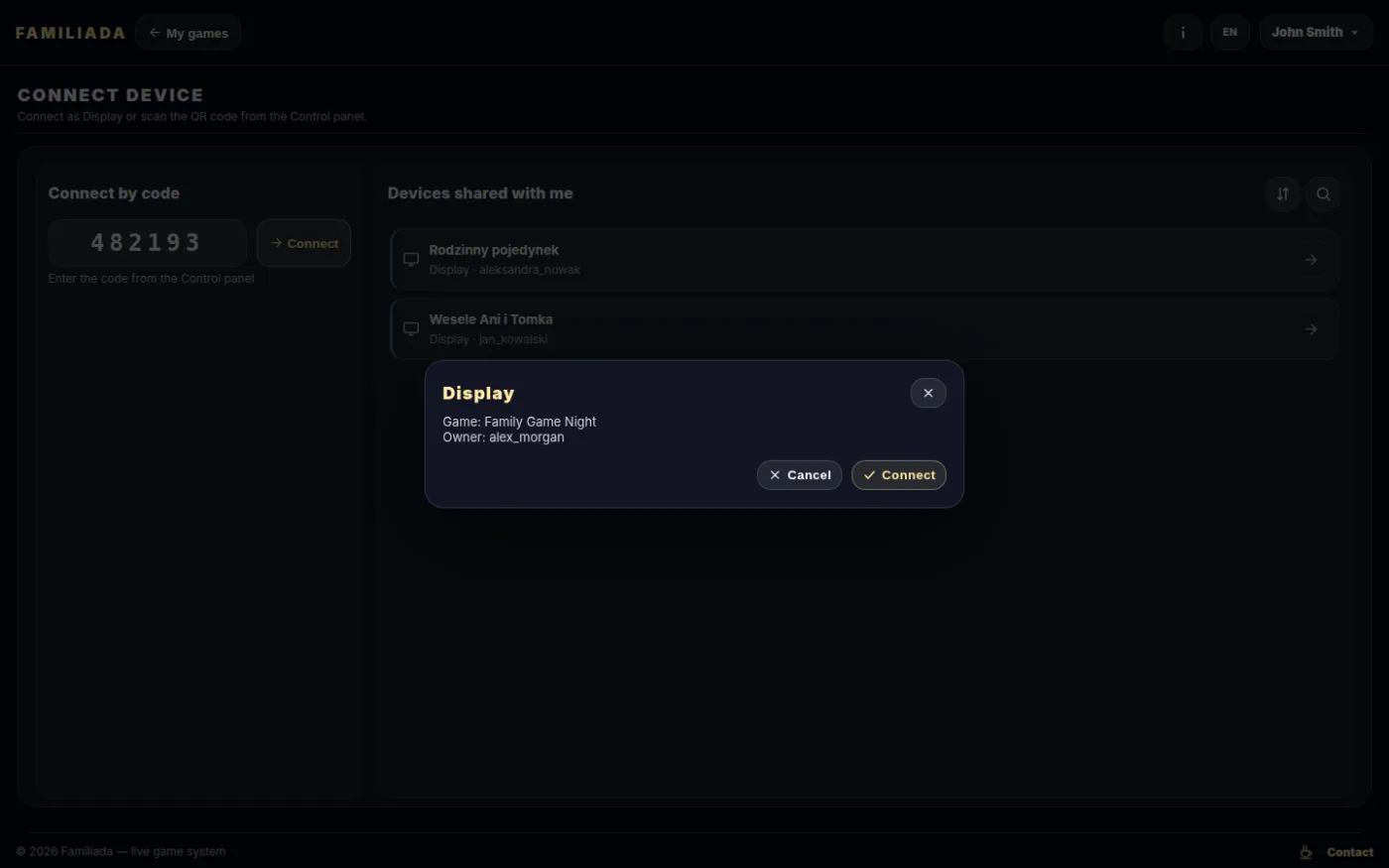 After entering the code — the game name and owner to check