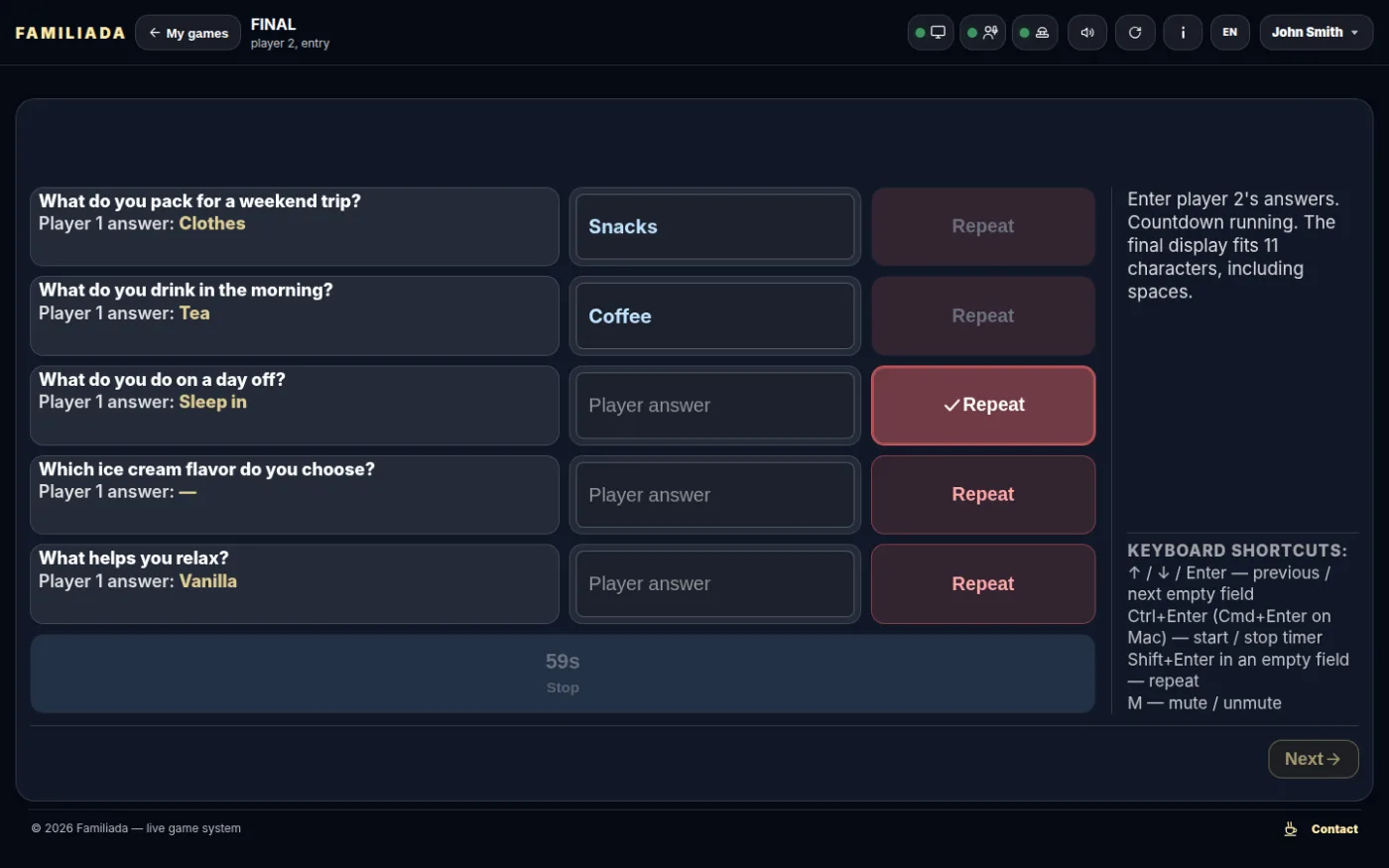 Player 2 — entering answers, player 1's answers next to the fields and Repeat