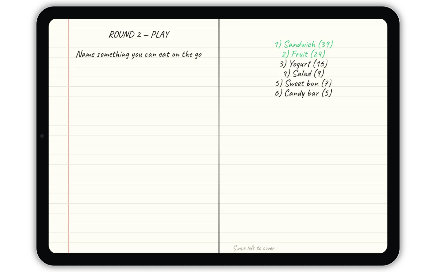 Host screen — answers already shown in green