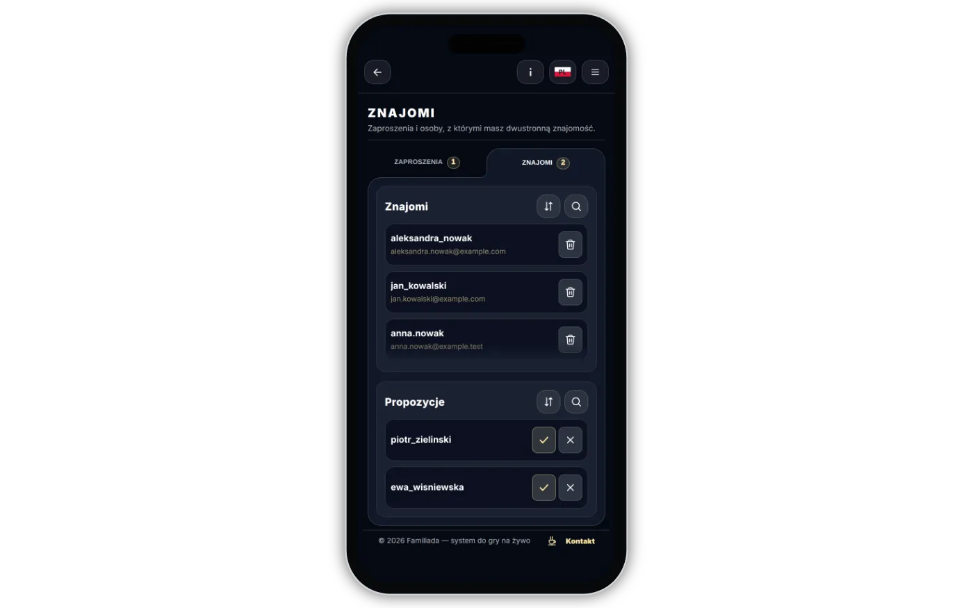 Propozycje w zakładce „Znajomi” (telefon)